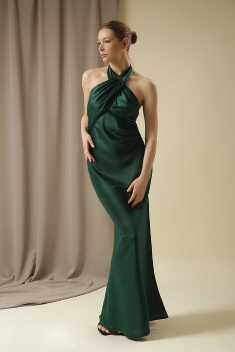 Emerald green silk open-back maxi dress