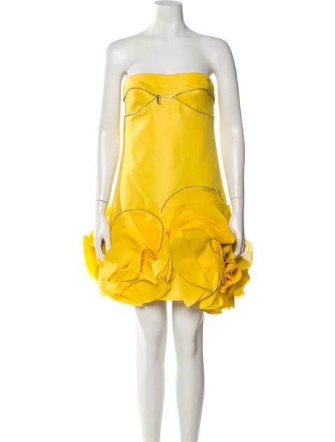 Bright yellow strapless dress with bubble hem detail