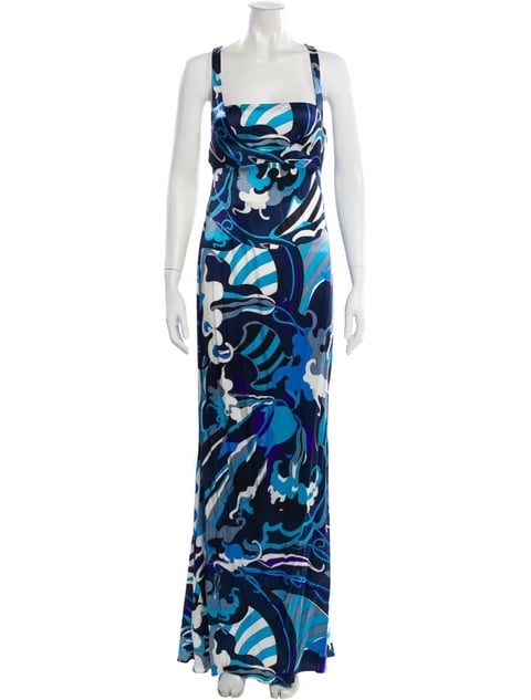 Blue patterned halter maxi dress with abstract swirl design