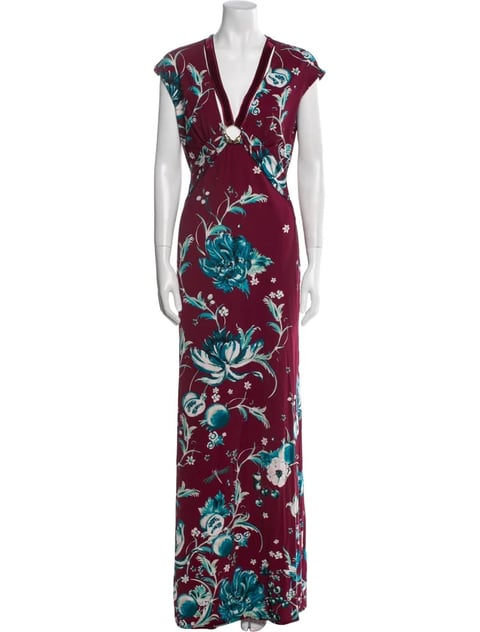 Burgundy wrap maxi dress with teal floral print